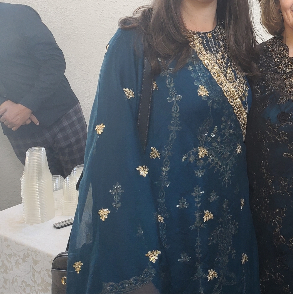 Elegant Blue and Gold Embroidered Dress